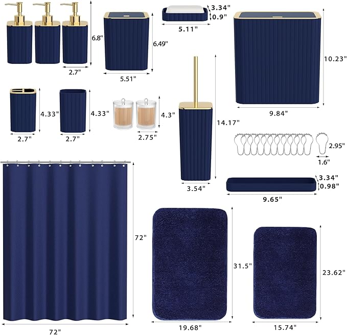 InnJoey Bathroom Accessory Set - Bathroom Set, 12PC Bathroom Accessories Set, Navy Blue Bathroom Accessories Set, Mini Trash Can, Toilet Brush, Trash Can & Soap Dispenser