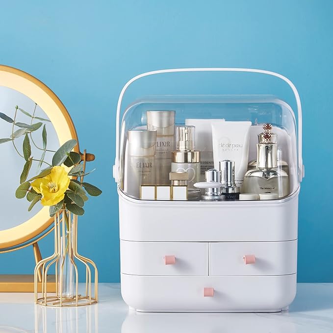 SUNFICON Makeup Organizer Cosmetic Organizer Makeup Storage Holder Box Crystal Clear Lid w Handheld 3 Drawers Dustproof Waterproof for Vanity Bathroom Countertop Birthday