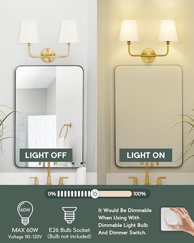 2 Light Bathroom Light Fixtures, Brushed Gold Vanity Lights, Double Wall Sconce with Beige Fabric Shade, Modern Sconces Wall Lighting for Hallway Bedroom Stairway, VL837-BG-B-2