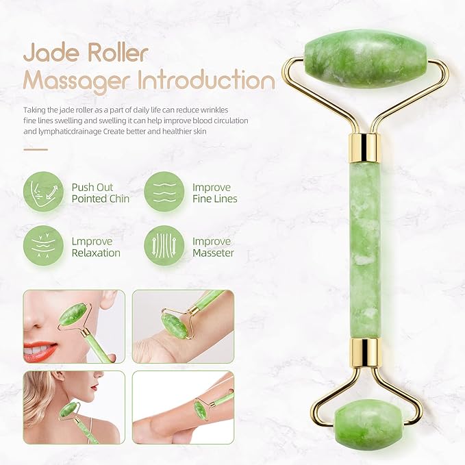 AECW 3-in-1 Natural Stone Jade Roller and Gua Sha Set for Face and Eye Ice Roller Facial Cooling Massage Roller