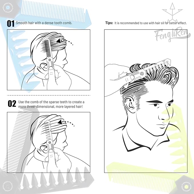 Protable Folding 2 in 1 Hair Comb Dence Tooth Comb Wide Tooth Comb Sparse Styling Pocket for Combing Straight hair Curly Hair Beards Mustaches for Men Barber Hairdresser (Black)