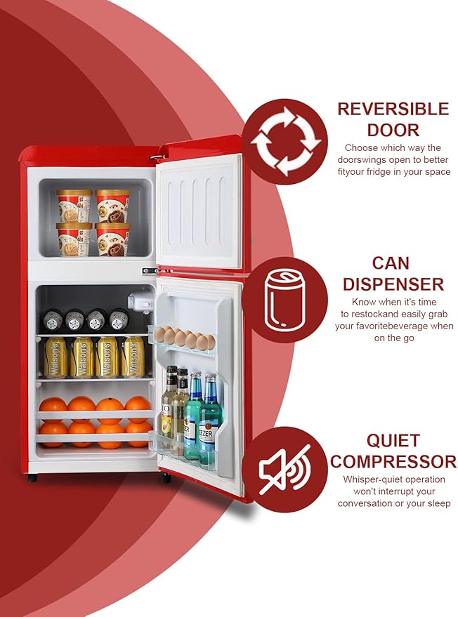 KRIB BLING Mini Fridge With Freezer,Refrigerator With 2 Doors,7- Level Adjustable Thermostat, Removable Glass Shelves For Bedroom, Office, Kitchen, Apartment, Dorm, 3.5 Cu. Ft Red