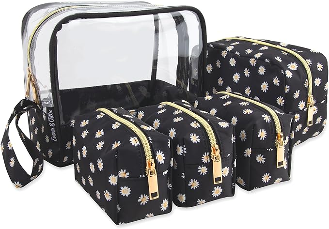 Emma & Chloe Travel Toiletry Bags for Women, 5 Piece Waterproof Cosmetic Case, Bag, Pouch Makeup Organizer Set for Women, Home Counters (Delicate White Daisies)