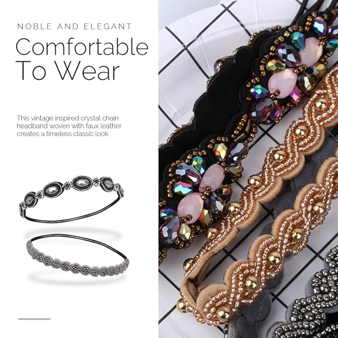 Teenitor 5 Pcs Elastic Beaded Headbands, Jewels Hairband Hat Bands, Crystal Rhinestone Headbands for Women