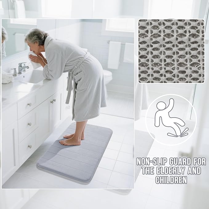 Yimobra Memory Foam Bath Mat Set 2 Piece - Super Soft Absorbent Quick Dry Bathroom Toilet Rugs, Machine Washable Non Slip Floor Carpet for Tub Shower & Single Sink (31.5x20 & 24x20, Silver)