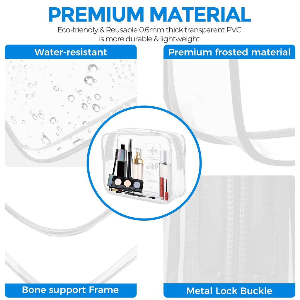 AURUZA 2 Pack Travel Toiletry Bag, Clear Makeup Bag, TSA Approved Cosmetic Bag with Zipper, Clear Organizer Carry on Bag for Women, PVC Cosmetic Pouch