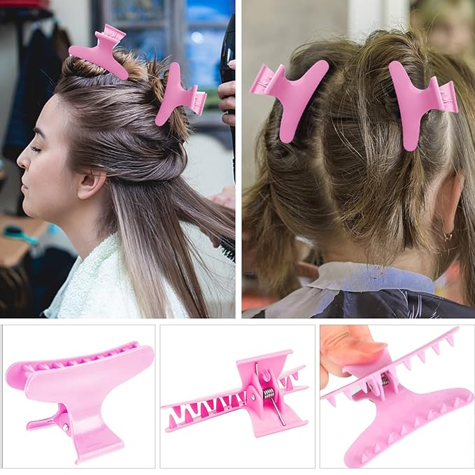 BAHABY Hair Clips for Styling and Sectioning - 12 Pack Pink Butterfly Clamps for Hair Conditioning, Blow Drying, Cutting, Coloring