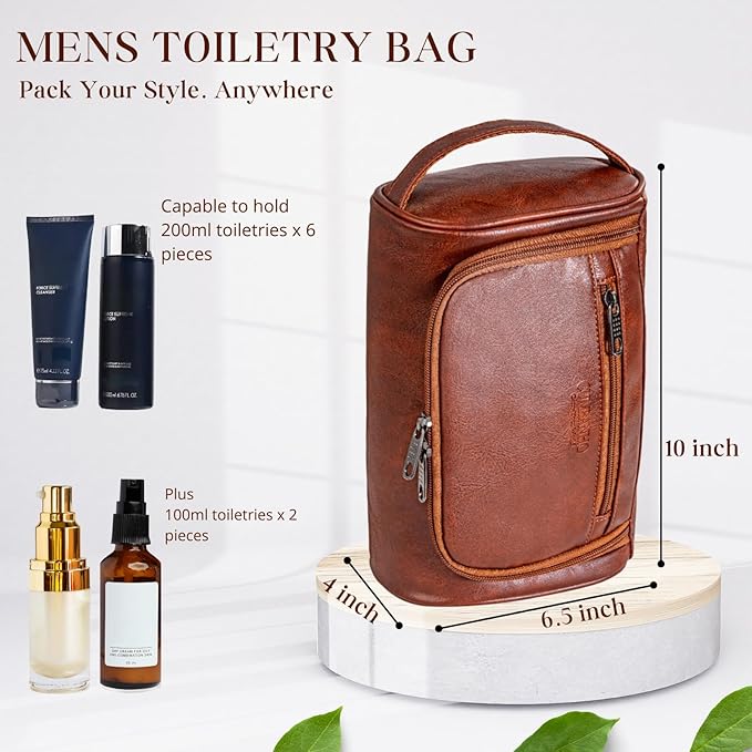 Mens Toiletry Bag, Compact Dopp Kit for Men Travel, PU Leather Shaving Kit, Water-Resistant Minimalist Organizer with Wrist Strap, Fits Grooming Essentials,Large 10x6.5x4 Inch Mocha Brown