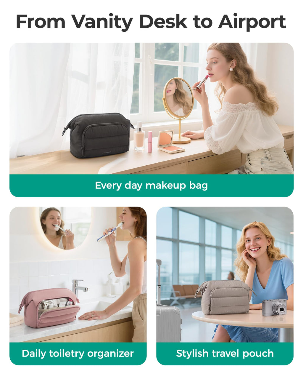 BAGSMART Travel Makeup Bag, Cosmetic Bag Small Make Up Organizer Case,Wide-open Pouch for Women Purse for Toiletries Accessories Brushes,Large Beige
