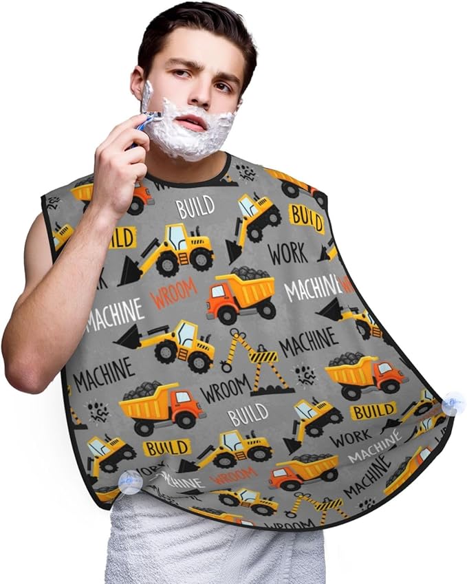 Beard Shaving Cape with Suction Cups, Dark Grey Construction Machines Cars Truck Tractor Shave Bib, Non-Stick Waterproof Hair Catcher, Grooming Bib for Men Husband