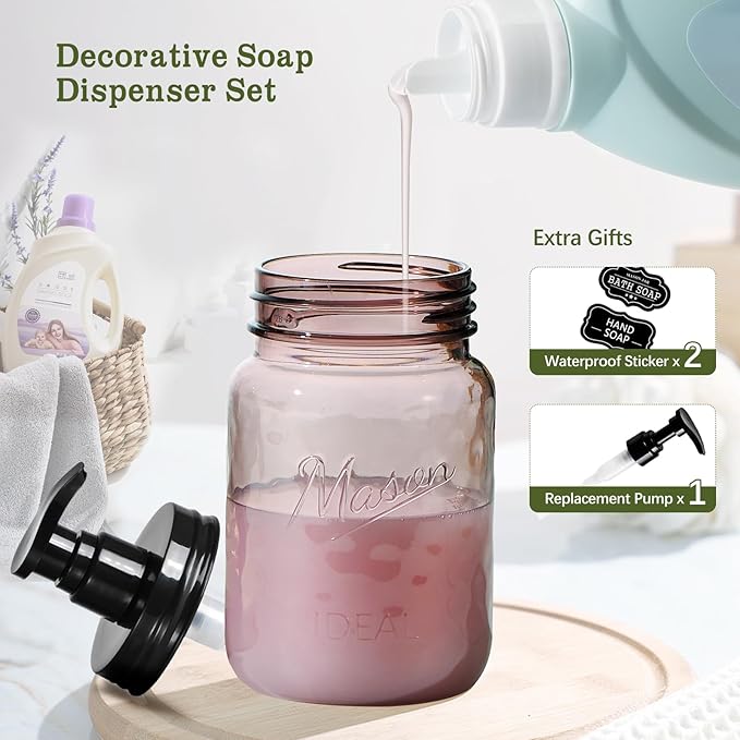 Amolliar 16 Oz Plastic Soap Dispenser, Refillable Hand Dish Soap Dispenser - Vintage Rose Bottle with Black Pump Lids, for Farmhouse Bathroom Kitchen, Includes Extra Pump & Waterproof Label