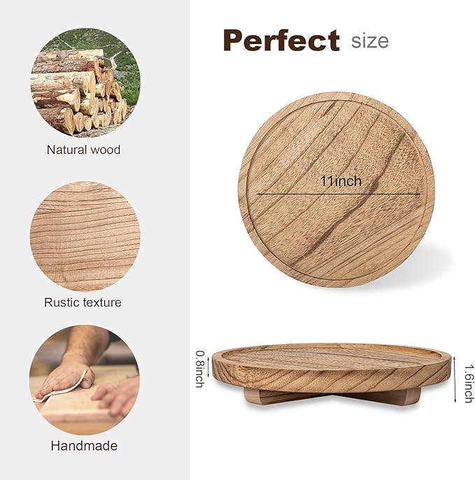 Round Decorative Tray Wood Bathroom Counter Organizer Farmhouse Kitchen Decor Wooden Riser for Soap Dish, Perfume, Candle, Sponge, 11" - Brown