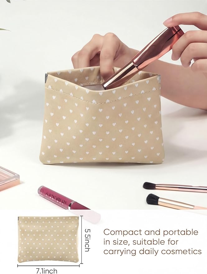 Ksriylm Hearts Leather Makeup Pouch Set for Women Small Make Up Bag for Purse Waterproof Initial Makeup Cosmetic Bags Pouches for Purse Aesthetic Travel Toiletry Bag,Light Brown