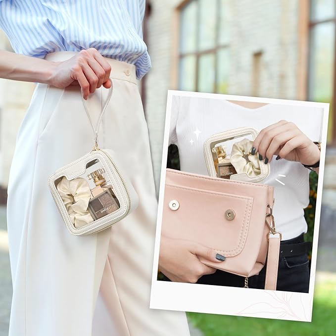 PACKISM Structured Clear Makeup Bag - Faux Leather Cosmetic Pouch with Reinforced Frame, Stand-Up Toiletry Organizer for Purse & Car Console, Mini White