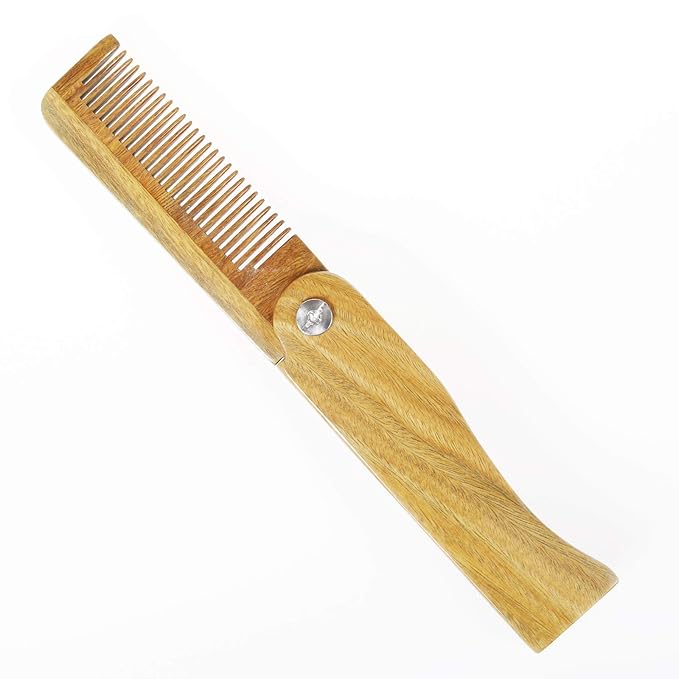 Onedor Handmade 100% Natural Green Sandalwood Fine Tooth Wooden Comb for Men Hair, Beard, and Mustache Styling Pocket Comb With Leather Case (Folding)