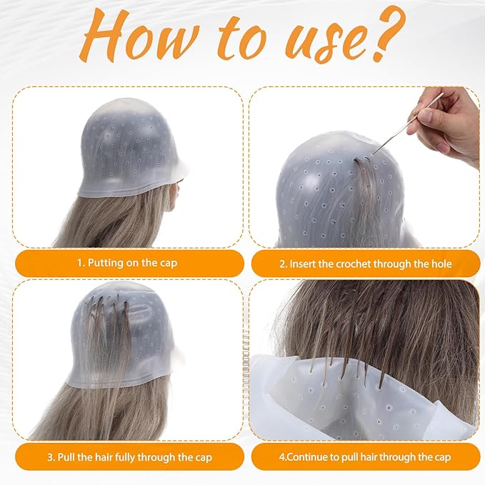 LIQWEI 2 Pcs Highlight Cap and Hook, White Silicone Reusable Highlighting Cap with 4.72 Inch Hook for Hair Coloring, Dyeing & Staining, Salon & Home Use (8.66 Inch Diameter)