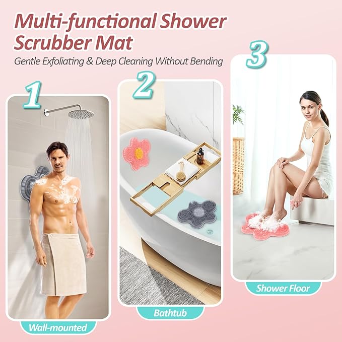 New Silicone Shower Foot Scrubber Mat, Large Wall-Mounted Back Scrubber Back Washer with Long Bristles & Powerful Suction Cups, Easy to Clean Exfoliate and Massage Without Bending(Pink)