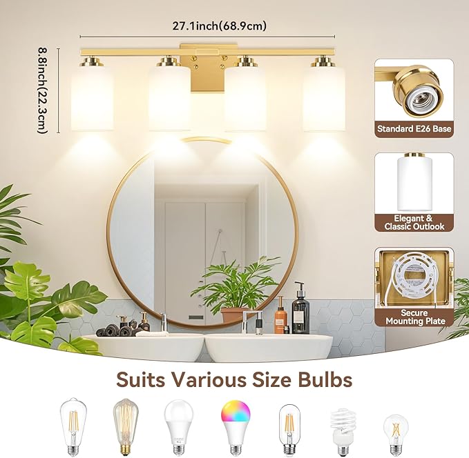 VerRon 4-Light Gold Bathroom Light Fixtures Over Mirror 27 Inches