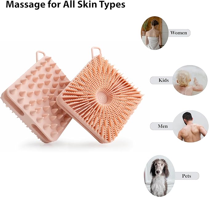 MtBoi 2 PC Silicone Exfoliating Body Scrubber, Body Shampoo Brush, Soft Silicone Loofah for Sensitive Skin, Shower Silicone Hair Scalp Massager, Easy to Clean, Lather Well(Gray&Pink)