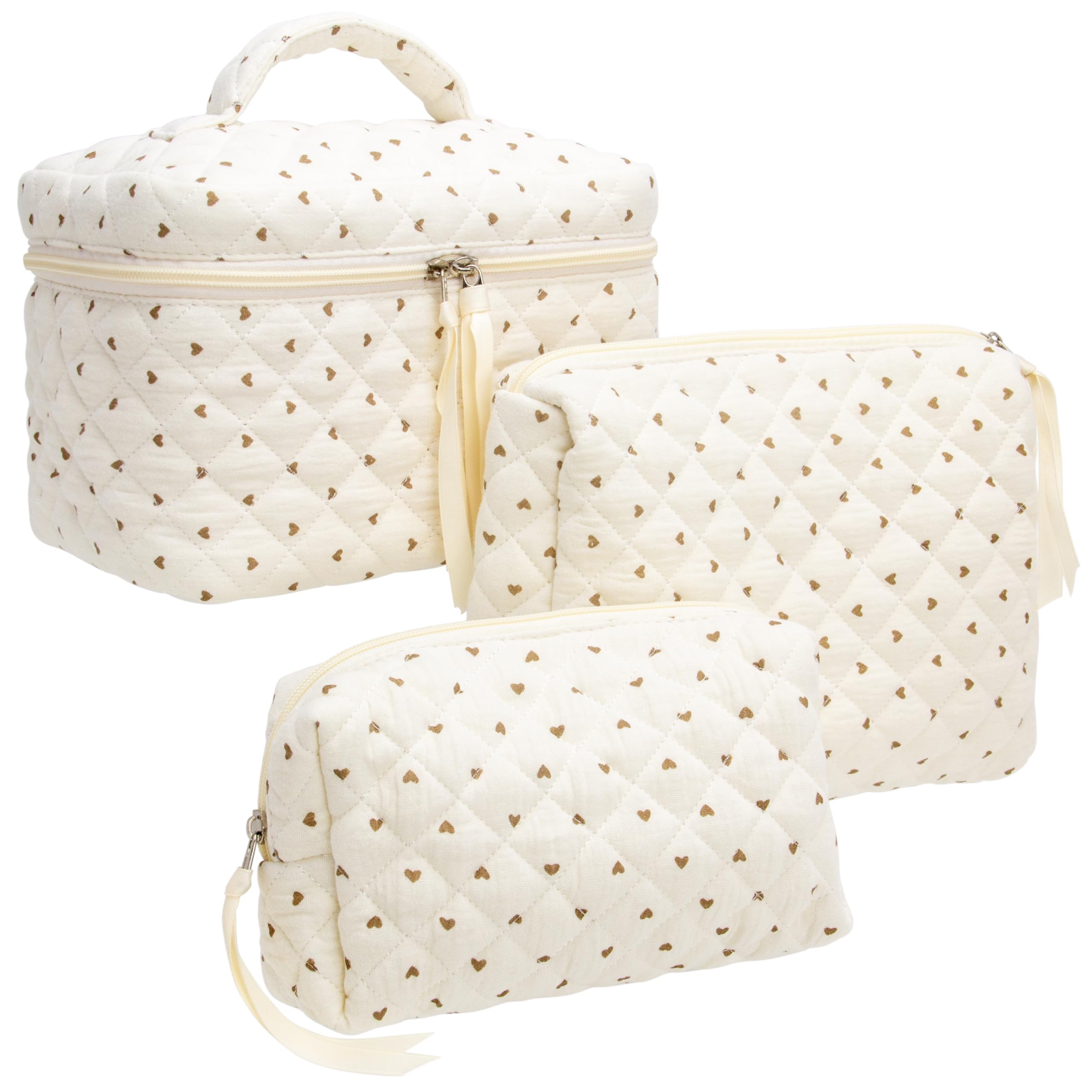 PAZIMIIK 3PCS Makeup Bag SET Large Travel Quilted Zipper Soft Cosmetic Case Pouch for Women Girls Make Up,Gauze Heart Coffee