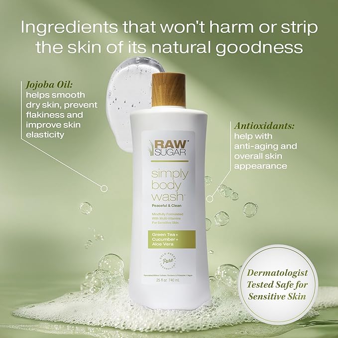 RAW SUGAR Green Tea Aloe Soother Gentle & Hydrating Body Wash, 25 Fl Oz (Pack of 3), Gentle & Soothing Bath & Shower Gel, Sensitive Skin-Friendly, Vegan, Formulated without SLS/SLES & Parabens