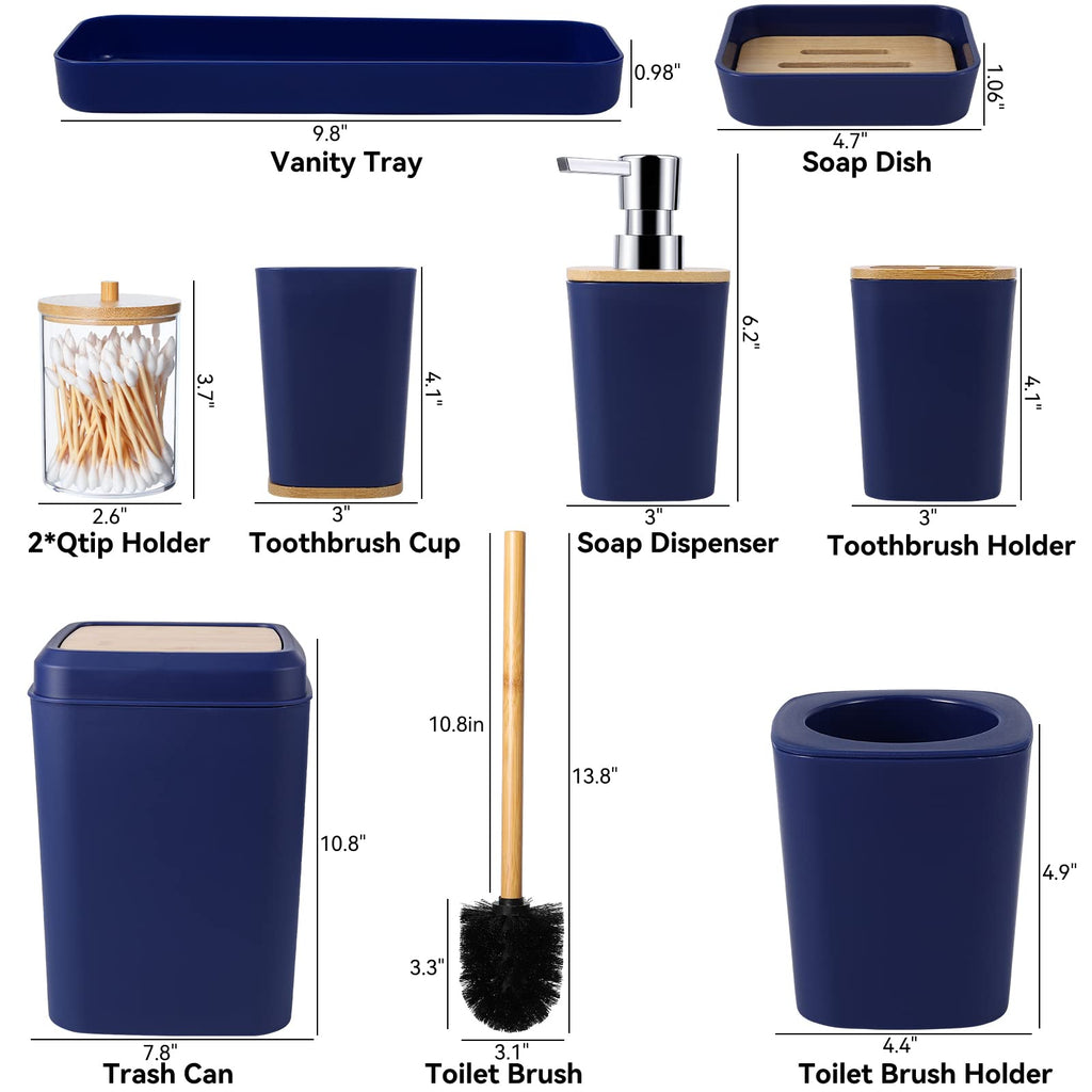 Bathroom Accessories Set, 9 Piece Navy Blue Bathroom Accessory Set with Trash Can,Toothbrush Holder,Toothbrush Cup,Lotion Soap Dispenser,Vanity Tray,Soap Dish,Toilet Brush,Qtip Holder