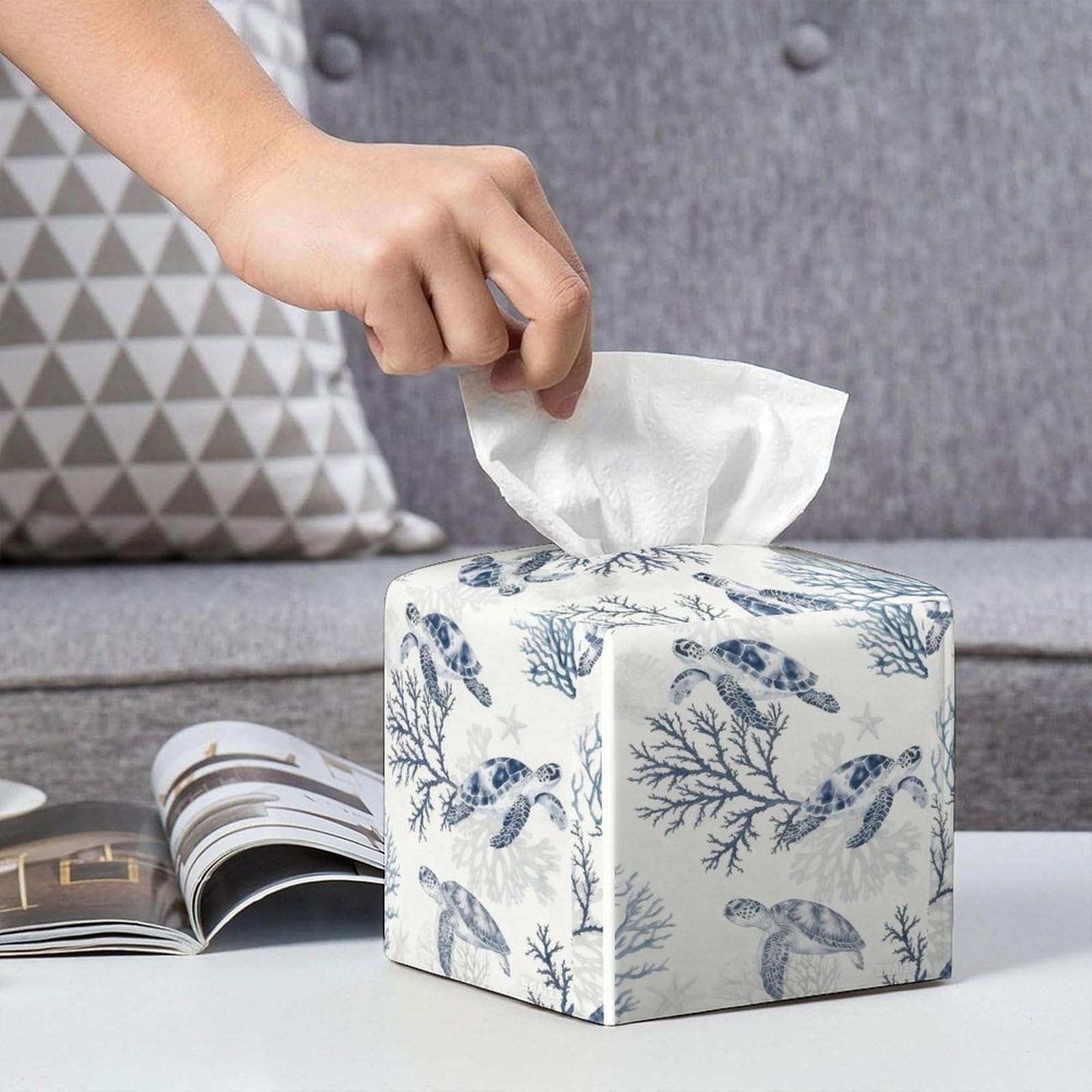 Sea Turtle Tissue Box Cover Leather Tissue Box Holder Square Facial Paper Organizer Dispenser for Bathroom Kitchen Bedroom Vanity Countertop Night Stands