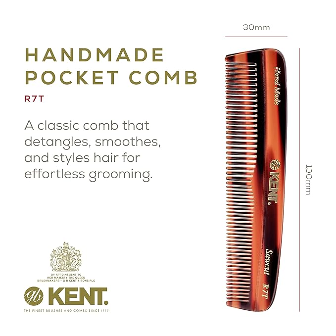 Kent R7T Fine and Wide Tooth Hair Comb, Pocket Comb for Men, Best Beard and Mustache Comb for Everyday Grooming and Styling, Handmade Sawcut and Polished, Made in England