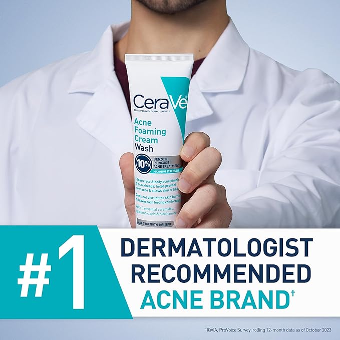 CeraVe Acne Foaming Cream Wash, 10% Benzoyl Peroxide Facial Cleanser, 5oz