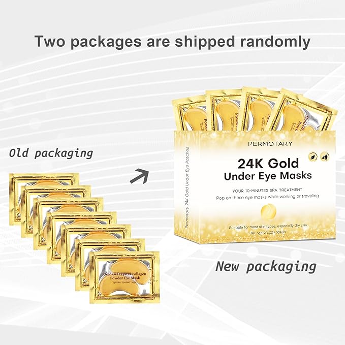 Permotary 30 Pairs Crystal Collagen Under Eye Mask, Gold Gel Collagen Eye Pad For Moisturizing, Reducing Dark Circles & Puffy Eyes (Gold)