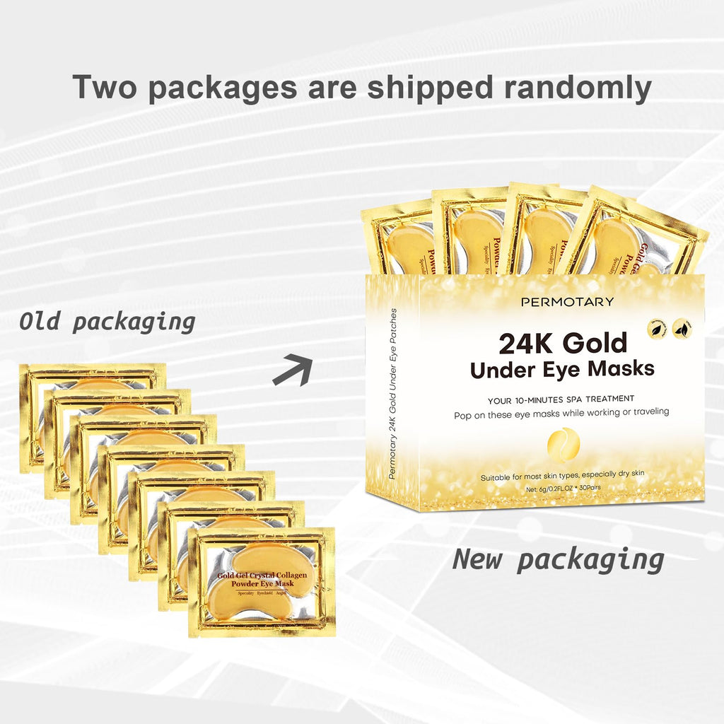 Permotary 30 Pairs Crystal Collagen Under Eye Mask, Gold Gel Collagen Eye Pad For Moisturizing, Reducing Dark Circles & Puffy Eyes (Gold)