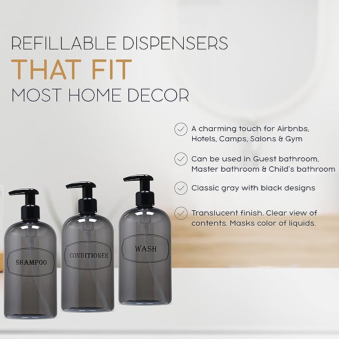Bottiful Home-16 oz Shampoo, Conditioner, Wash Refillable Empty Plastic Pump Bottle Dispenser Set (Gray)