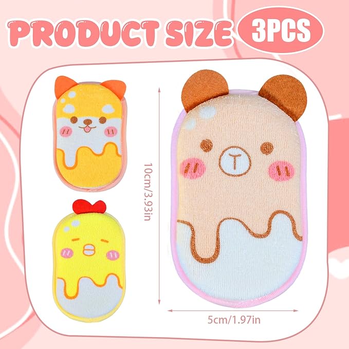 Baby and Kids Bath Loofah Sponge, Soft and Absorbent Toddler Exfoliating Body Scrubber Shower Loofa Sponge,Cute Pattern Design for Kids Baby Women Boys and Girl, 3 Pack (Bear/Dog/Chick)