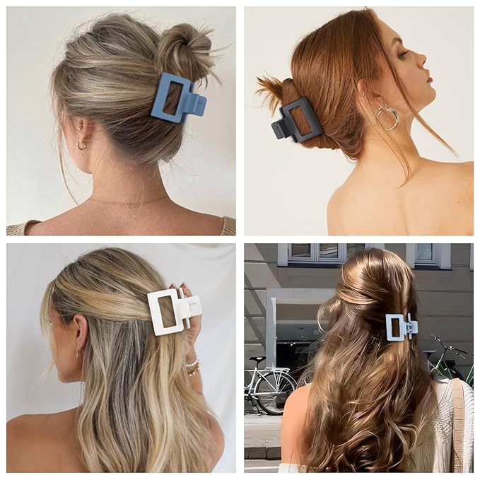 Medium Hair Clips Combination 2 Styles Small Claw Clips for Thin Hair 8 Pcs Matte Non-slip Rectangle Jaw Clips Square Hair Accessories for Women and Girls (Blue)