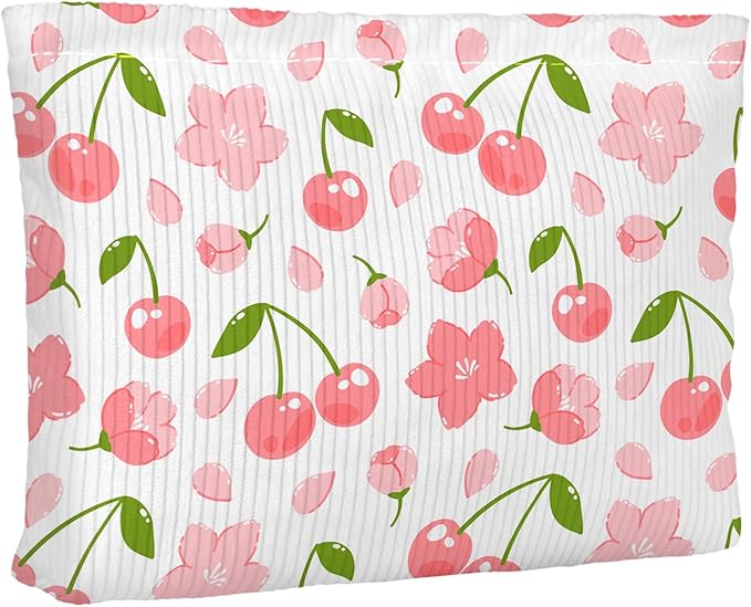Ksriylm Cute Red Pink Cherry Floral Makeup Pouch for Women Small Make Up Cherries Bag for Purse Zipper Initial Makeup Cosmetic Bags Pouches for Purse Aesthetic Travel Toiletry Bags
