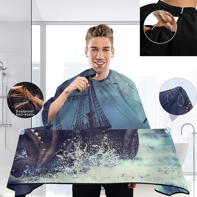 visesunny Barber Cape Octopus And Pirate Ship Black Pattern Polyester Hair Cutting Salon Cape Apron Anti-Static Haircut Shaving Cloth Beard Shaving Bib Hairdressing Cape