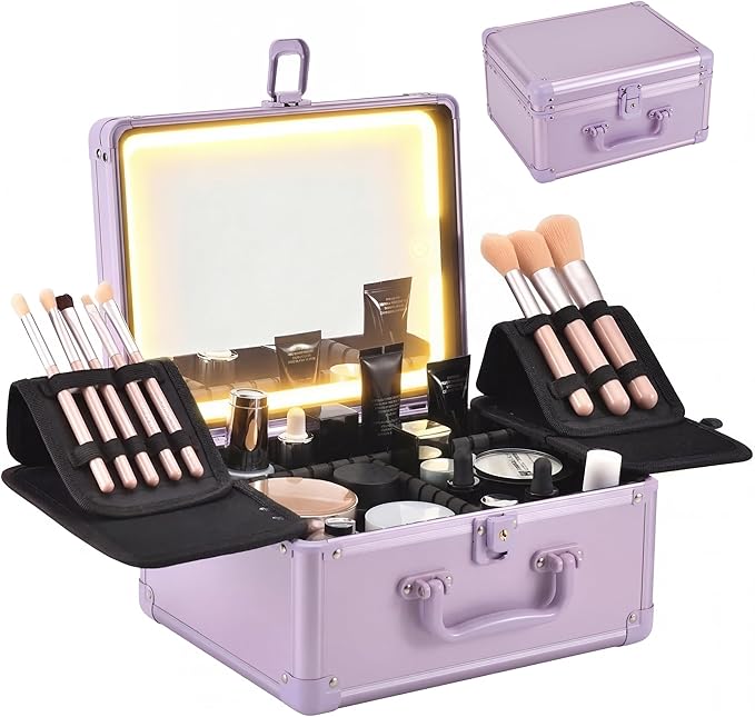 GALHUBIS Makeup Case with Lighted Mirror, Makeup Box Organizer with Detachable LED Mirror, Travel Makeup Train Case, Waterproof Cosmetic Organizer, Standing Brush Holder, Gift, Purple