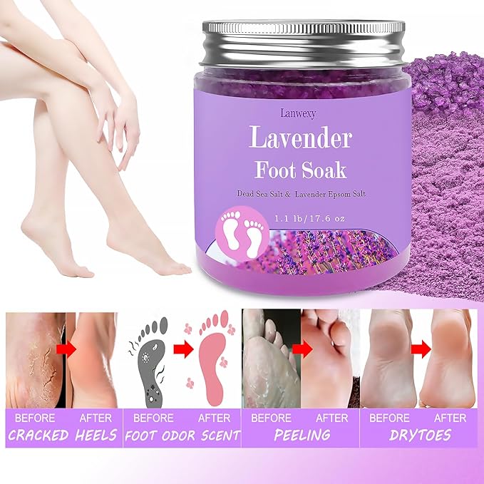 Lavender Foot Soak with Epsom Salt and Sea Salt. Organic Natural Handmade Spa Pedicure Care For Foot Callus, Dry Cracked, Tired Feet, Stubborn Foot Odor Scent.(1.1 Lbs）
