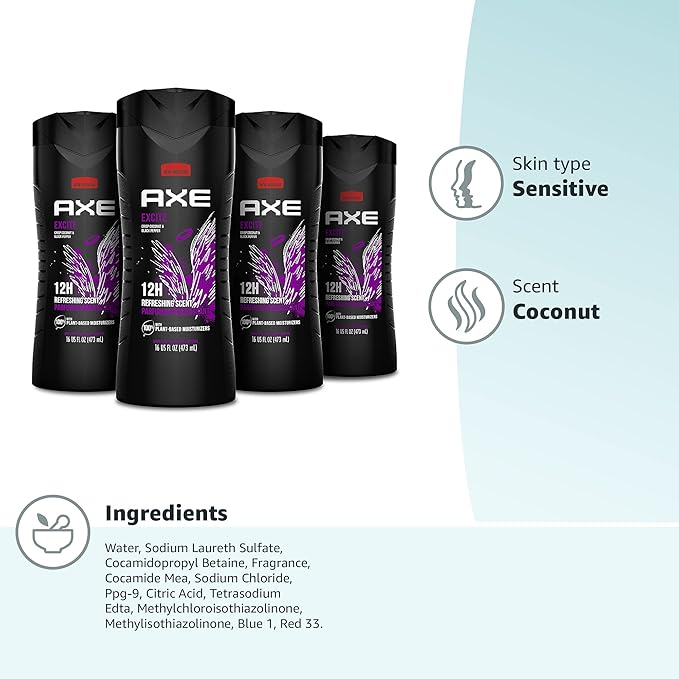 AXE Crisp Coconut & Black Pepper Body Wash 4 Count 12h Refreshing Scent Excite Men's Body Wash with 100% Plant-Based Moisturizers 16 oz