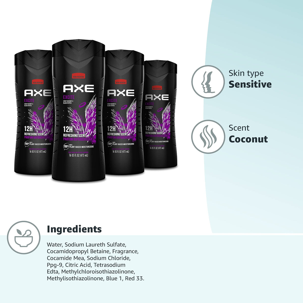 AXE Crisp Coconut & Black Pepper Body Wash 4 Count 16 oz