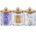 VITEVER 3 Pack Qtip Holder Dispenser with Bamboo Lids - 10 oz Clear Plastic Apothecary Jar Containers for Vanity Makeup Organizer Storage - Bathroom Accessories Set for Cotton Swab, Ball, Pads, Floss
