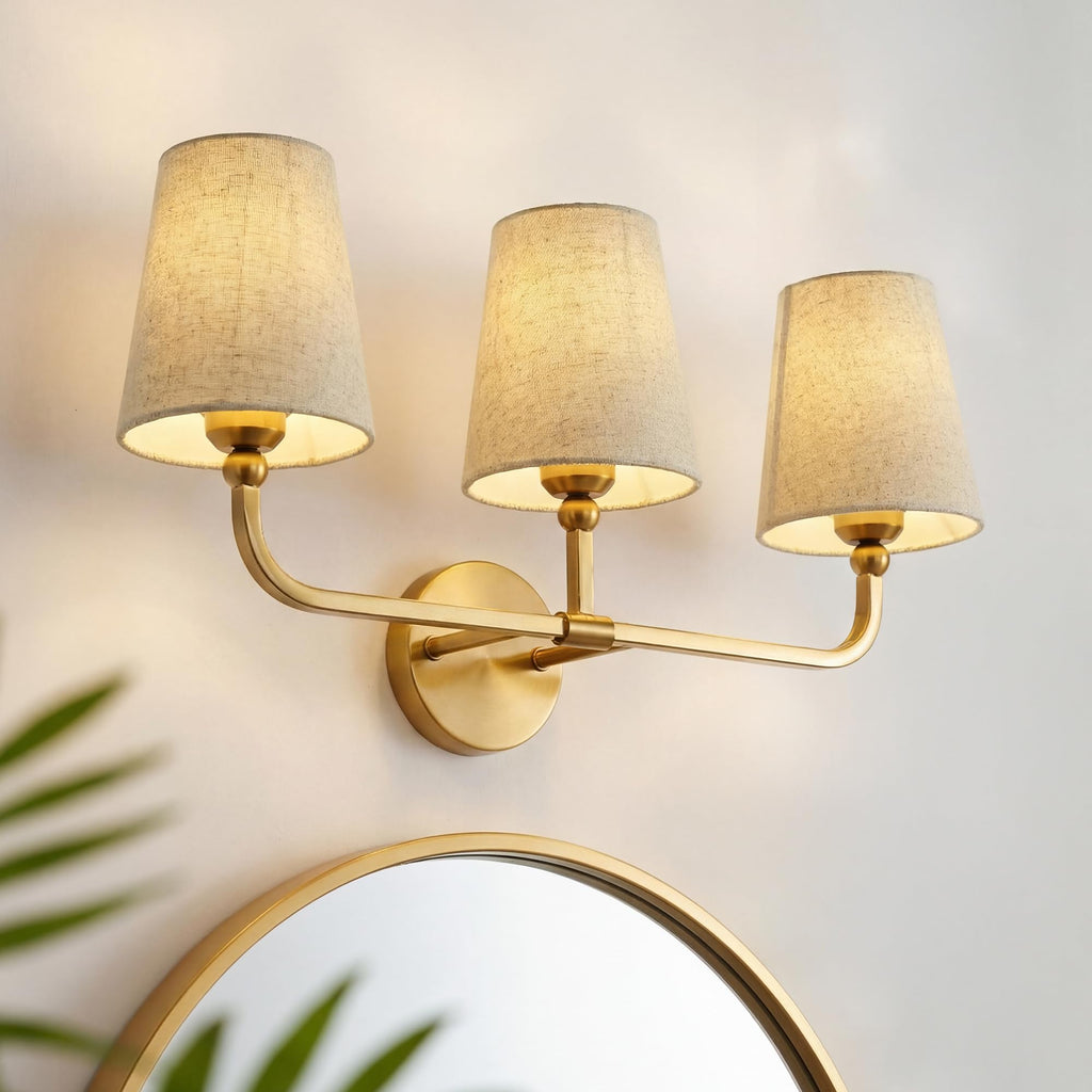 METWET 3-Light Brushed Gold Bathroom Vanity Light, Brown Linen Fabric Shade