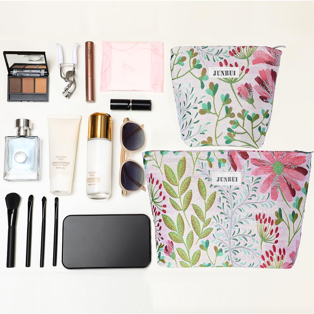 BOCGRPU Makeup Bag Small Cute Cosmetic Bags for Women，Floral Travel Toiletry Bag for Purse, Large Canvas Cosmetic Pouch Makeup Organizer Tool Pouch with Zipper（2Pcs Colorful Plant）