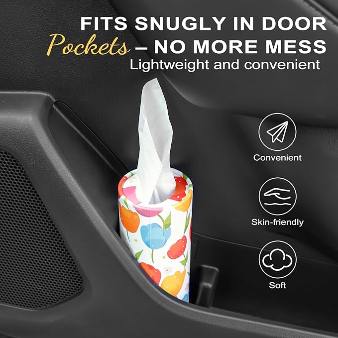 Car Tissue Holder (4 PK) - 50 3-Ply Tissues per Cylinder, Fits Car Cup Holders, Portable Travel Tubes Box Container, Tulip Design, Round Tissue Container for Car Accessories