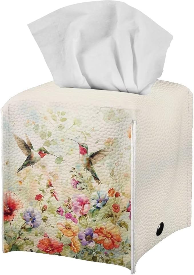 Bird Flowers Luxury Tissue Box Cover, Elegant PU Leather Square Tissue Case with Metal Button, Waterproof and Dustproof Napkin Holder for Home Decoration, Office, and Car Accessories