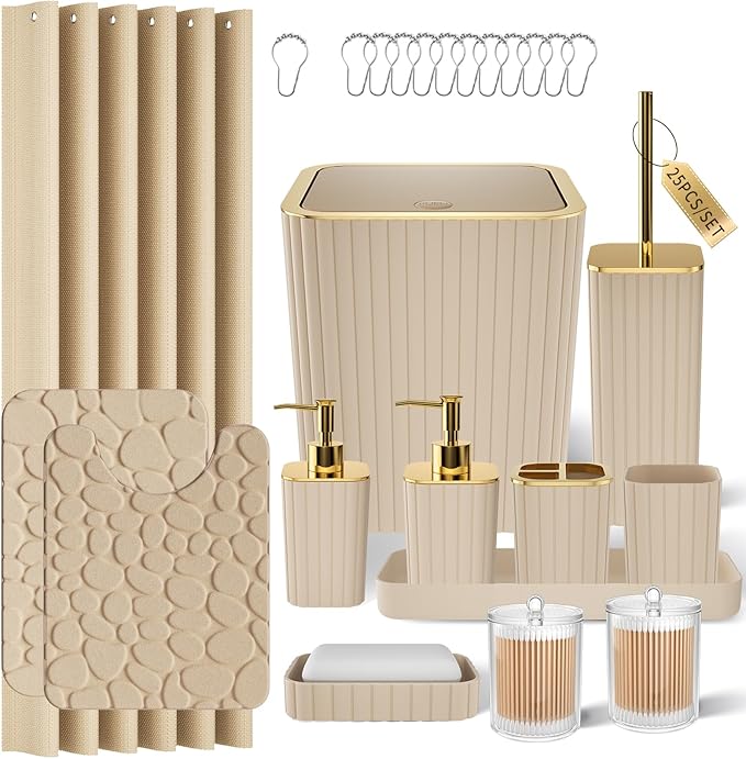 XLHOMO Bathroom Accessory Set - 25PC Green Bathroom Sets, Bathroom Set with Shower Curtain and Rugs, Dark Green Shower Curtain Set, Trash Can, Qtip Holder & Soap Dispenser