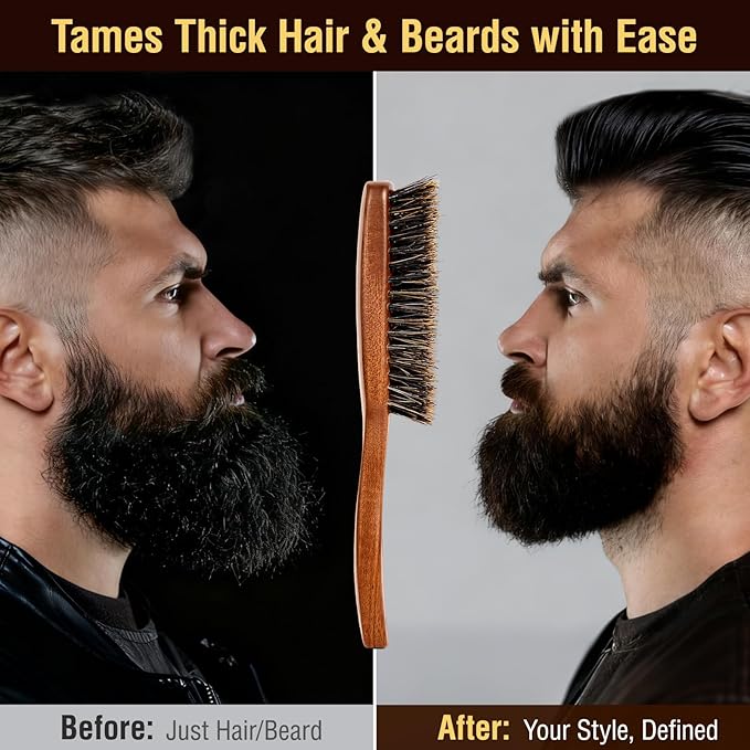 URTHEONE Premium Beard Brush Grooming Kit - 100% Natural Boar Bristle Hair Brush for Men, Ergonomic Handle,Cleaning Brush & Folding Scissors - Complete Beard Hair Care Set for Styling,Maintenance