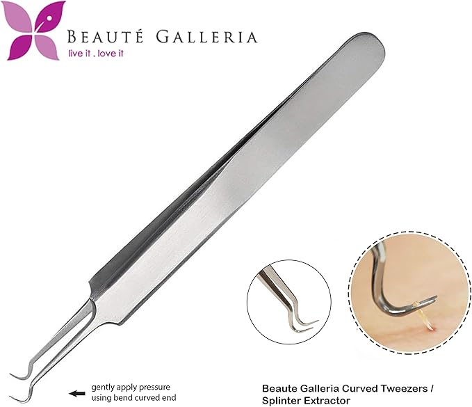 Beaute Galleria 4 Pieces Blackhead Remover Pimple Extractor Popper Bend Curved Tweezers for Acne Comedone Blemish Whitehead Zit Removal Tool Kit with Instructions