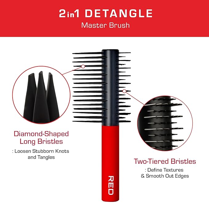 Red by Kiss Detangling Hair Brush for Women Men Children, Hair Straightening Detangler for Curly, Natural, Straight, Afro, Wet or Dry Hair, Glides Through Tangles with Ease (2-In-1 Hairbrush)