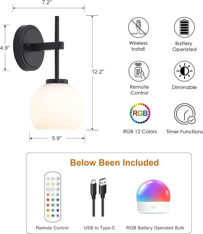 SANTOSTOCK Black Wireless Rechargeable Wall Sconces with Remote Control, Battery Operated Wall Sconce Set of 2, LED Dimmable Wall Lights with Opal White Glass Shade, 12 Colors RGB & 3 CCT Bulb